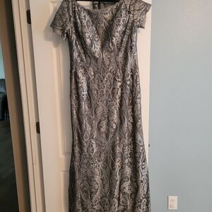 Chic Silver Brocade Maxi Dress